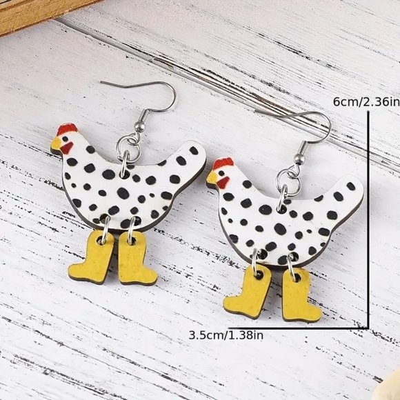 Chicken Earrings with Boots Wood Dangle Hen Whimsical Ornament Farm Country NEW - Picture 4 of 4